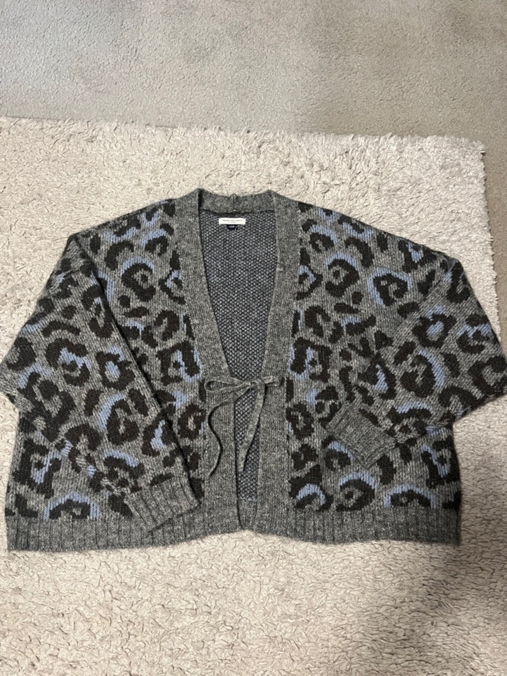 Leopard Tie-Front Cardigan Sweater - Gray/Light Blue
